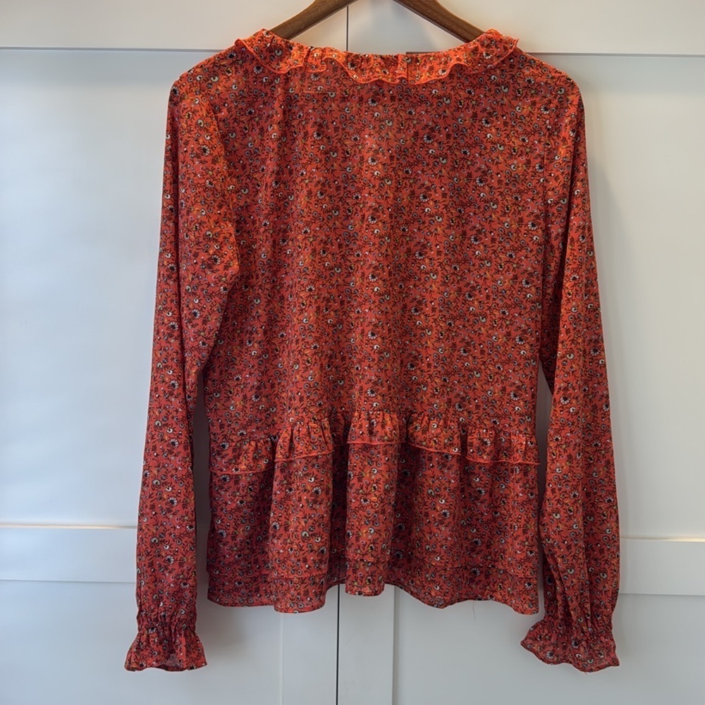 Abercrombie & Fitch Orange Floral Patterned Blouse with Ruffle Long Sleeve Large - Picture 11 of 13